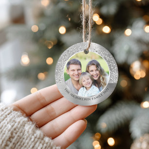 Elegant Silver Glitter Photo Metallic Christmas Ceramic Ornament
