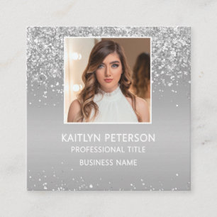 Elegant Silver Glitter Photo QR Code Square Business Card