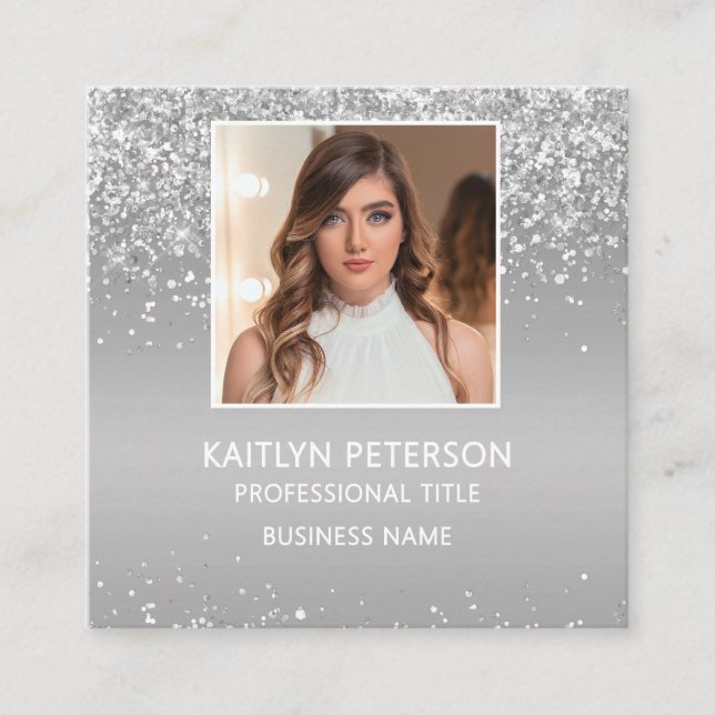 Elegant Silver Glitter Photo QR Code  Square Business Card (Front)
