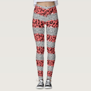 Elegant Silver Glitter Pink Leopard Print Classy Leggings