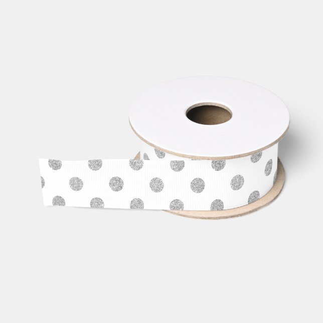Elegant Silver Glitter Polka Dots Pattern Grosgrain Ribbon (Spool)