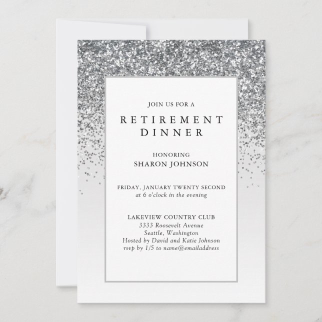 Elegant Silver Glitter Retirement Party Invitation (Front)