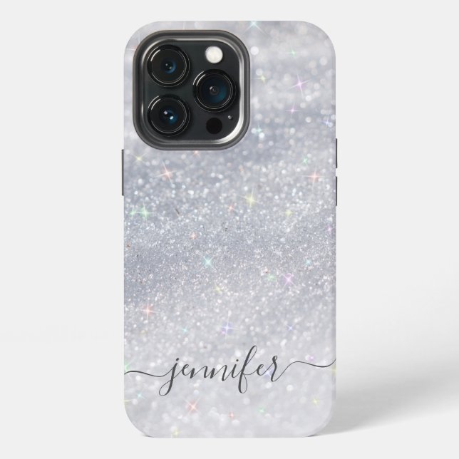 Elegant Silver Glitter Script | Custom Name iPhone Case (Back)