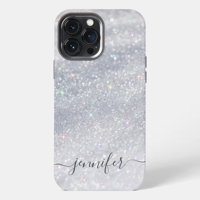 Elegant Silver Glitter Script | Custom Name iPhone Case (Back)
