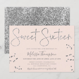 Elegant silver glitter script pink Sweet 16 Invitation