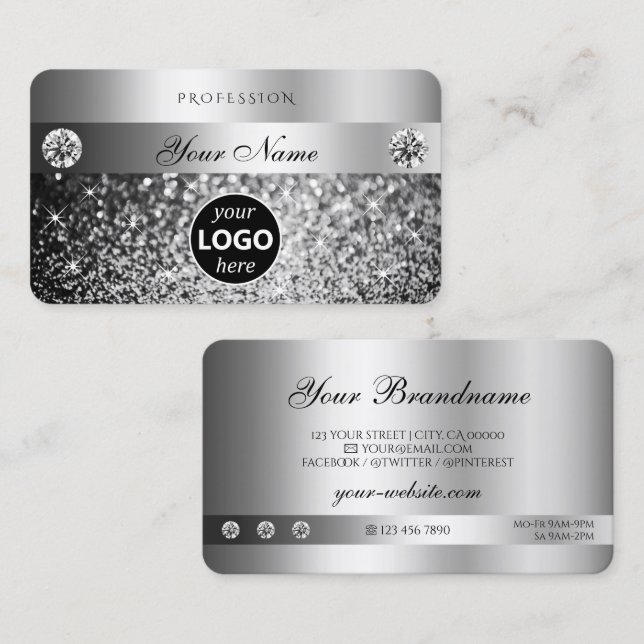 Elegant Silver Glitter Sparkle Jewels Logo Quality Business Card (Front/Back)