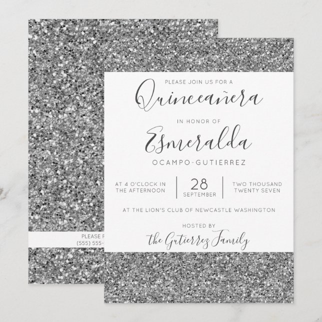 Elegant Silver Glitter Sparkle Quinceanera Invitation (Front/Back)