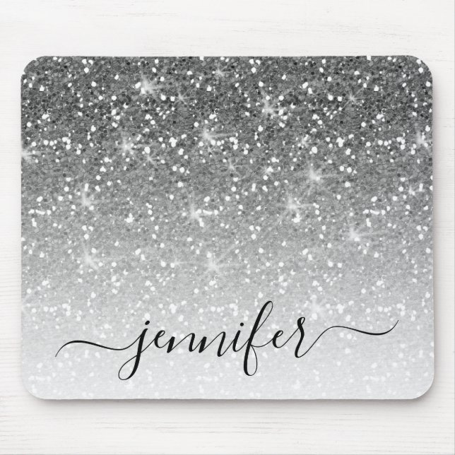 Elegant Silver Glitter Sparkle Your Name Mouse Pad (Front)