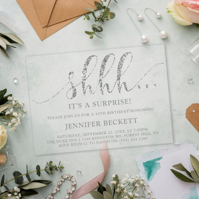 Elegant Silver Glitter Surprise Birthday Party Acrylic Invitations (Creator Uploaded)