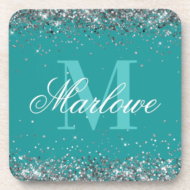 Elegant Silver Glitter Teal Monogram Coaster (Front)