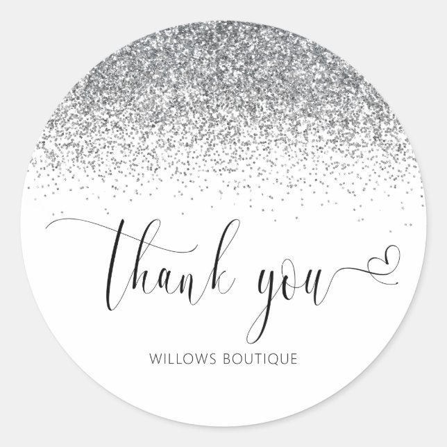 Elegant Silver Glitter Thank You Classic Round Sticker (Front)