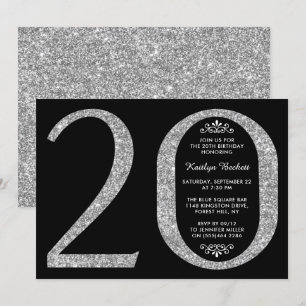 Elegant Silver Glitter Typography 20th Birthday Invitation