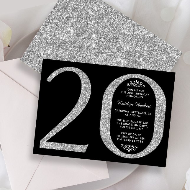 Elegant Silver Glitter Typography 20th Birthday Invitation (Creator Uploaded)
