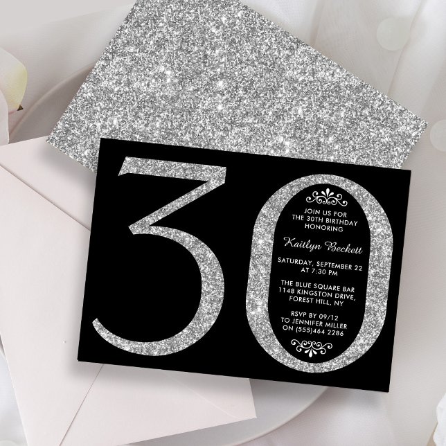 Elegant Silver Glitter Typography 30th Birthday Invitation (Creator Uploaded)