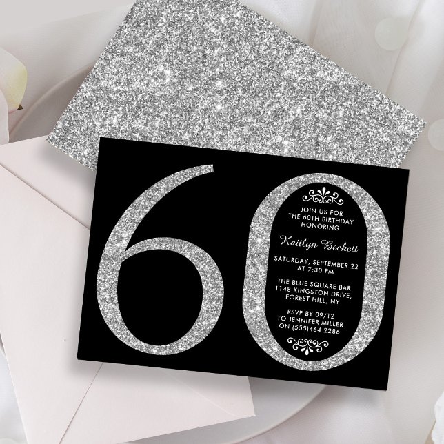 Elegant Silver Glitter Typography 60th Birthday Invitation (Creator Uploaded)