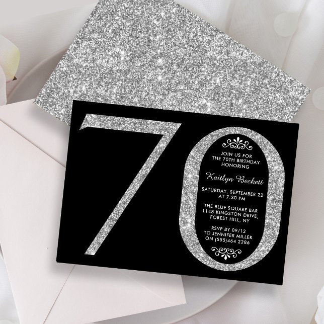 Elegant Silver Glitter Typography 70th Birthday Invitation (Creator Uploaded)