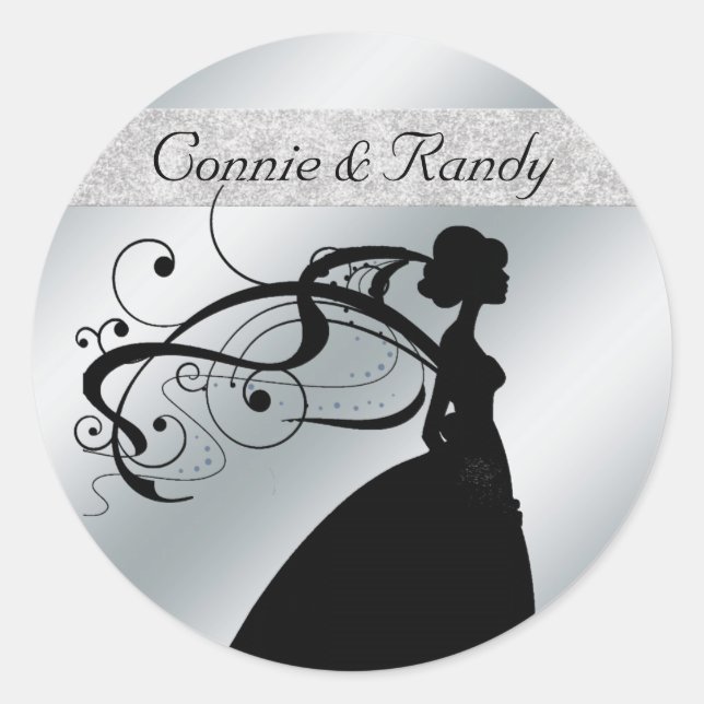Elegant Silver Glitter Wedding Sticker with Bride (Front)