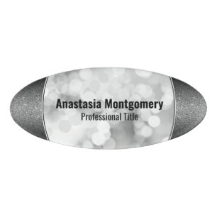 Elegant Silver Glitter White Bokeh Black Text Name Tag