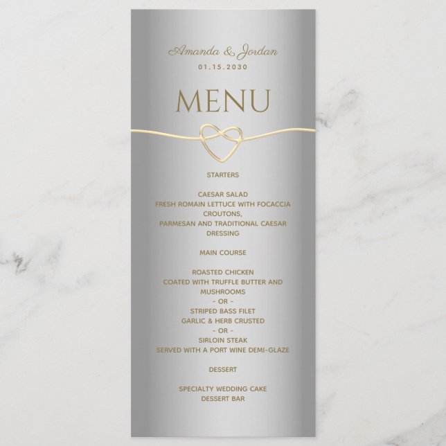 Elegant Silver Gold Calligraphy Wedding Menu (Front)