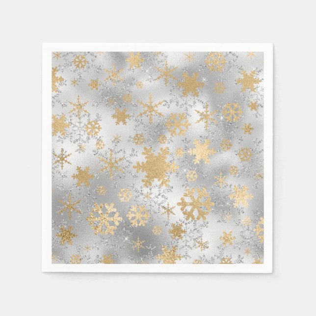 Elegant Silver Gold Christmas Snowflake Pattern Napkin (Front)