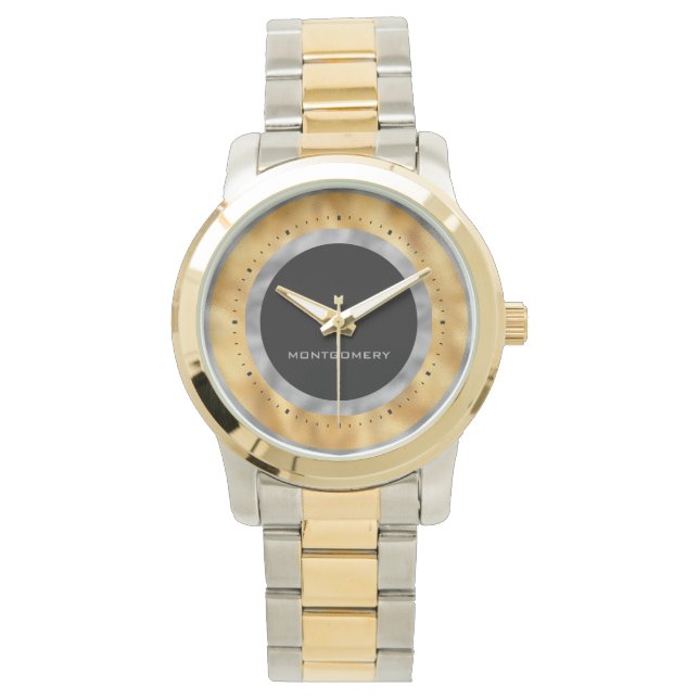 Elegant Silver Gold Foil Black Personalized Watch (Front)