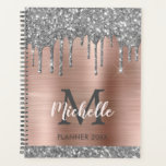 Elegant Silver Gold Glitter Drips Monogram 2022 Planner<br><div class="desc">Luxury silver glitter drips personalized name and monogrammed 2022 or any year planner. This design features silver grey (grey) glitter drips on faux blush pink rose gold brushed metal background with custom initial, monogram and first name text template. Perfect girly personalized gift. Great gift for school, professional work, home office....</div>