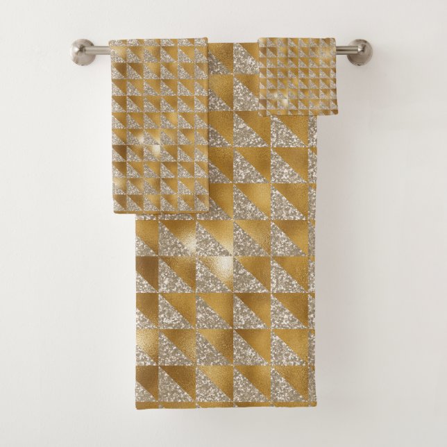 Elegant Silver Gold Glitter Geometric Pattern Chic Bath Towel Set (Insitu)