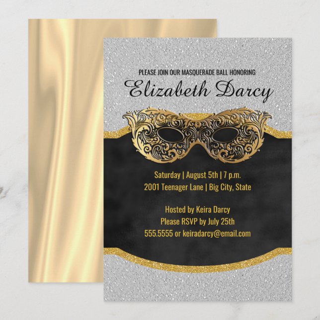 Elegant Silver Gold Glitter Masquerade Party Fancy Invitation (Front/Back)