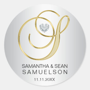 Elegant Silver Gold letter 'S' Monogrammed Wedding Classic Round Sticker