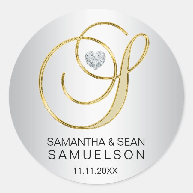 Elegant Silver Gold letter 'S' Monogrammed Wedding Classic Round Sticker (Front)