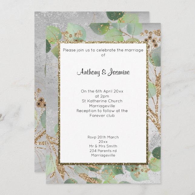 ELEGANT SILVER GOLD MARBLE BOTANICAL 2 INVITATION (Front/Back)