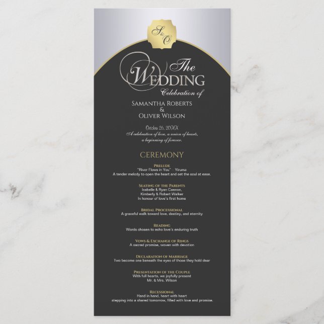 Elegant Silver  Gold Monogram Wedding Program (Front)
