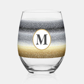 Elegant Silver Gold Personalized Monogram Stemless Wine Glass