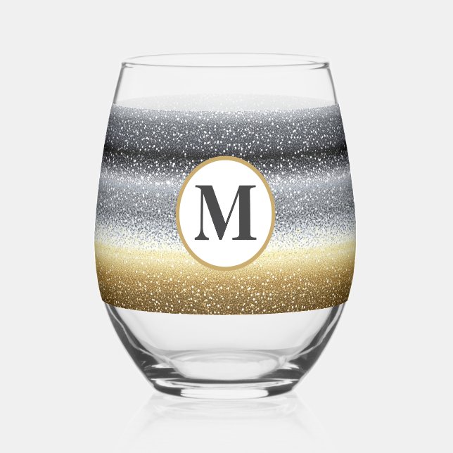 Elegant Silver Gold Personalized Monogram Stemless Wine Glass (Front)