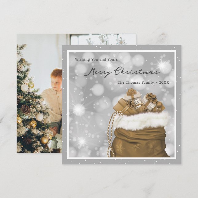 Elegant Silver Gold Photo Merry Christmas Card (Front/Back)