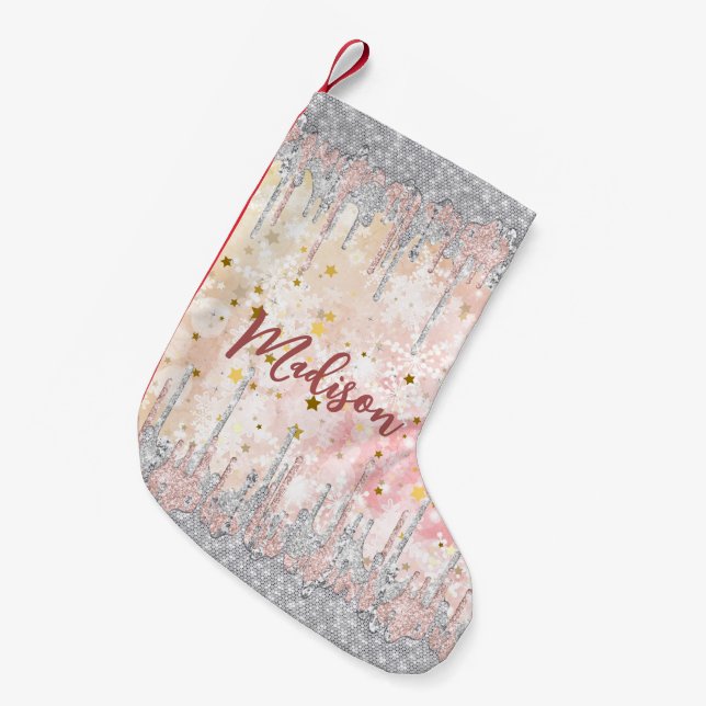 Elegant silver gold rose dripping glitter small christmas stocking (Front (Hanging))