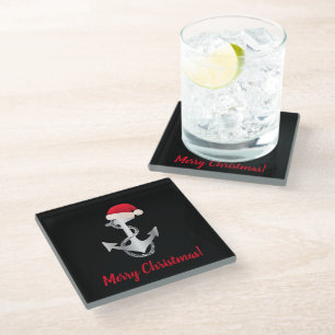 elegant silver gradient ANCHOR + SANTA HAT   Glass Coaster