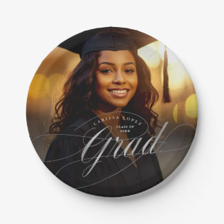 Elegant Silver Graduation Calligraphy Photo  Paper Plate
