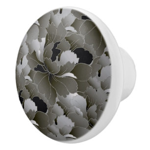 Elegant Silver Gray and Black Floral Ceramic Knob