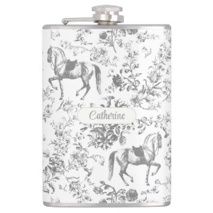Elegant Silver Gray Equestrian Floral Toile Name Hip Flask