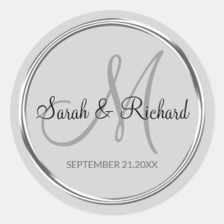 Elegant Silver Gray Monogrammed Wedding Favor  Classic Round Sticker