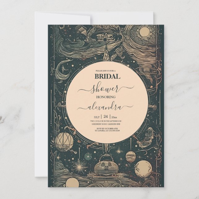 Elegant Silver Green Tarot Bridal Shower Invitation (Front)