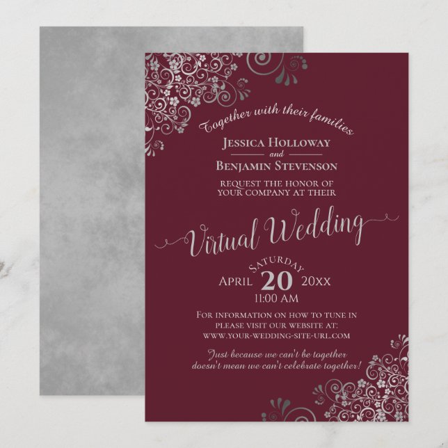Elegant Silver Grey and Burgundy Virtual Wedding Invitation (Front/Back)