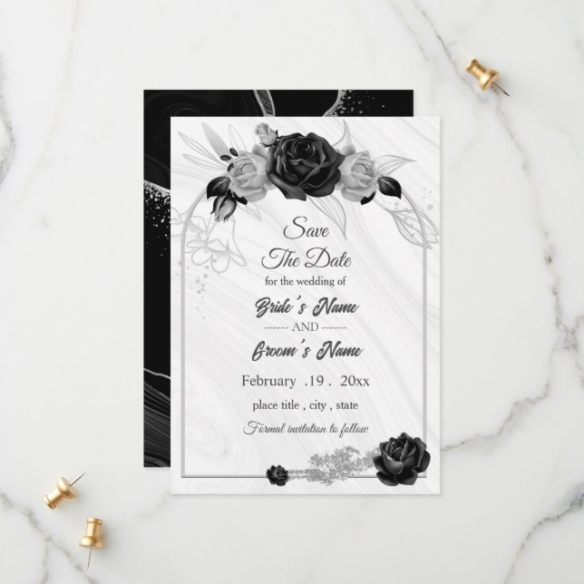 elegant silver grey & black floral geometric save the date (Front/Back In Situ)