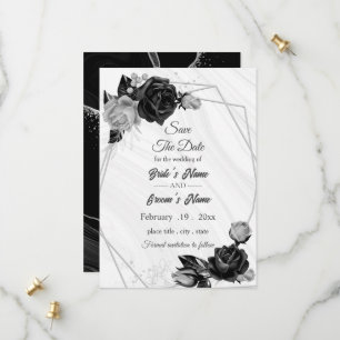 elegant silver grey & black floral geometric save the date