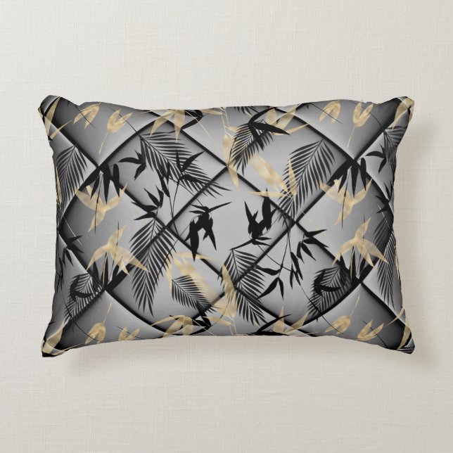 Elegant Silver Grey Black Gold palms Bamboo decor Accent Pillow (Front)
