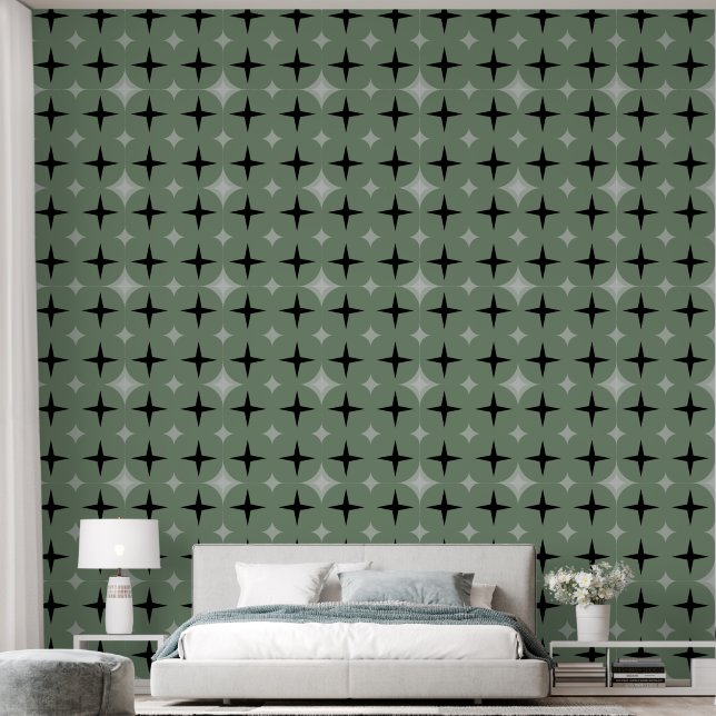 Elegant Silver Grey & Black Stars, Sage Green Grey Wallpaper (Bedroom)