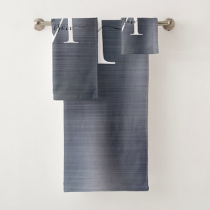 Elegant Silver Grey Brushed Metal Monogram Script Bath Towel Set
