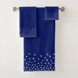 Elegant Silver Grey Confetti on Navy Blue Bath Towel Set