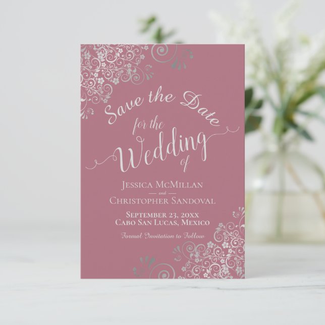 Elegant Silver Grey Curls Dusty Rose Pink Wedding Save The Date (Standing Front)